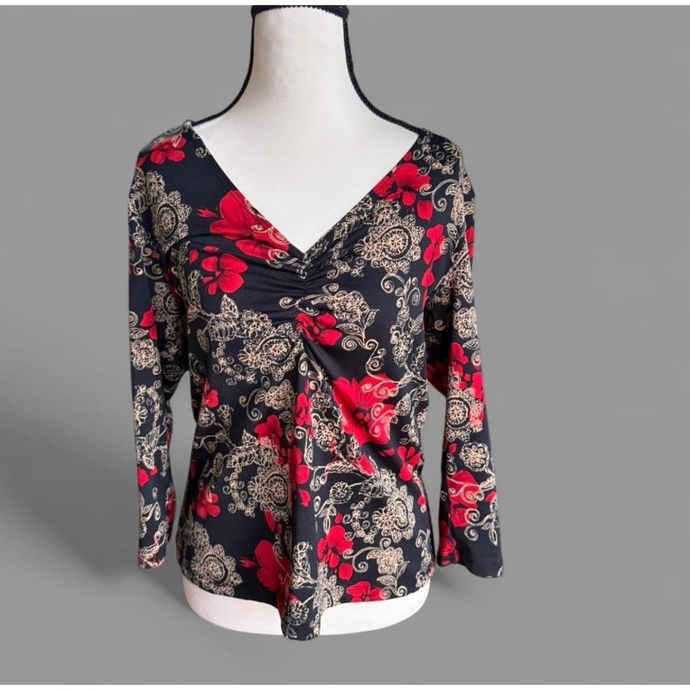 Vintage Made in USA KB Company Red and Black Floral Top